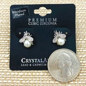 Bee Stud Earrings w/ Pearl Body - Rhodium Plated Silver